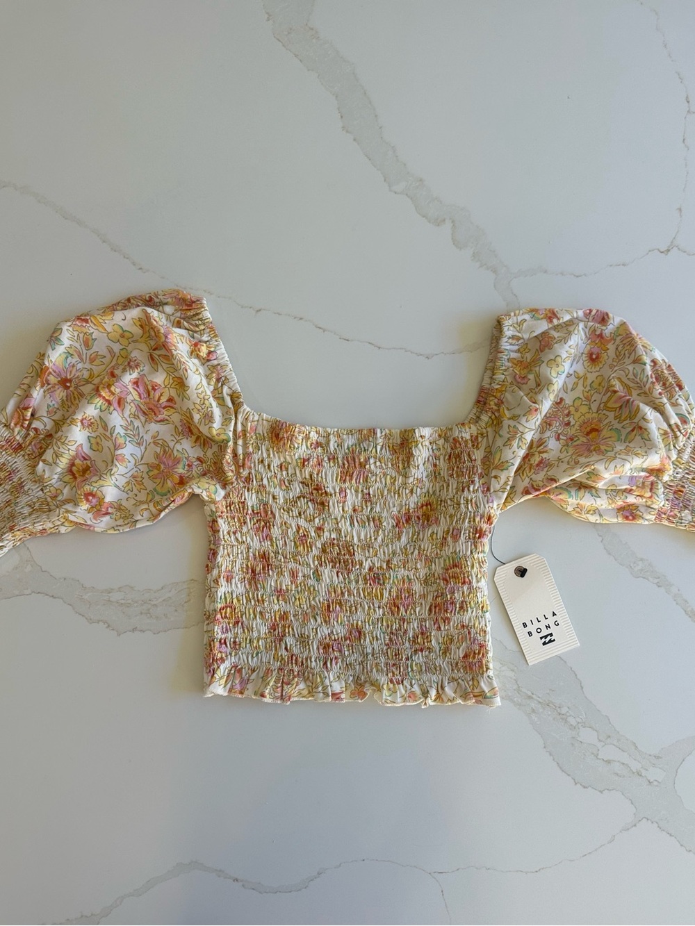Billabong Yellow Floral Smocked Puff-Sleeve Crop Top